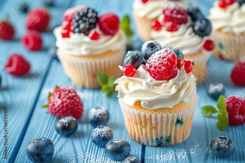 Tasty cupcakes with butter cream and ripe berries on blue wooden table