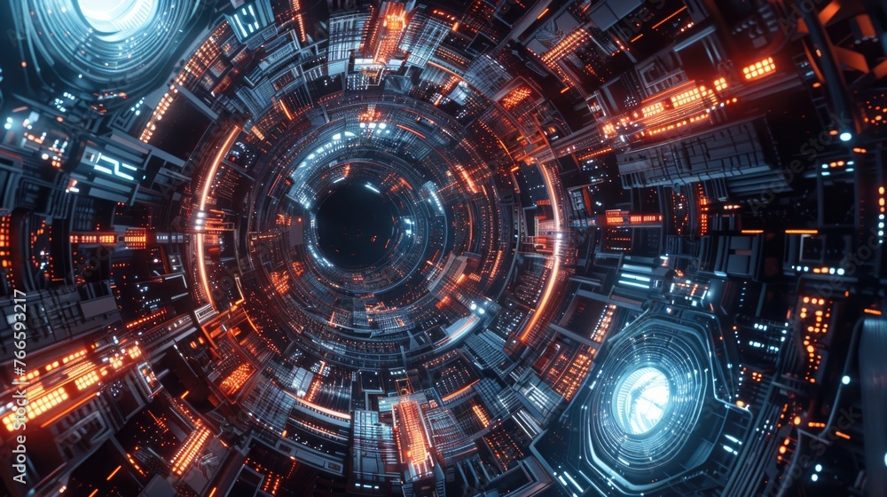 Fototapeta premium A futuristic space station with numerous lights. Suitable for sci-fi themed projects