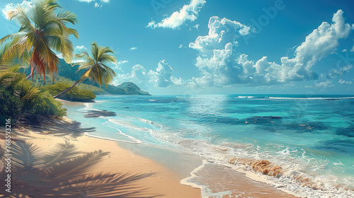 Beach with palm trees, landscape. Generative AI.