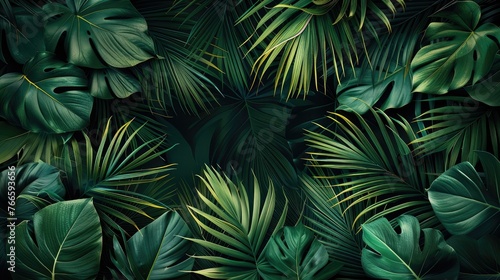 A background of dark green palm leaves. Generative AI.