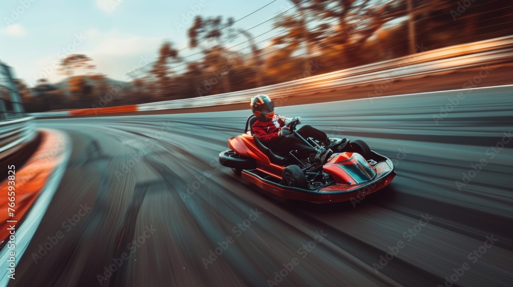 Fototapeta premium A person riding a go kart on a race track. Suitable for sports and recreational themes