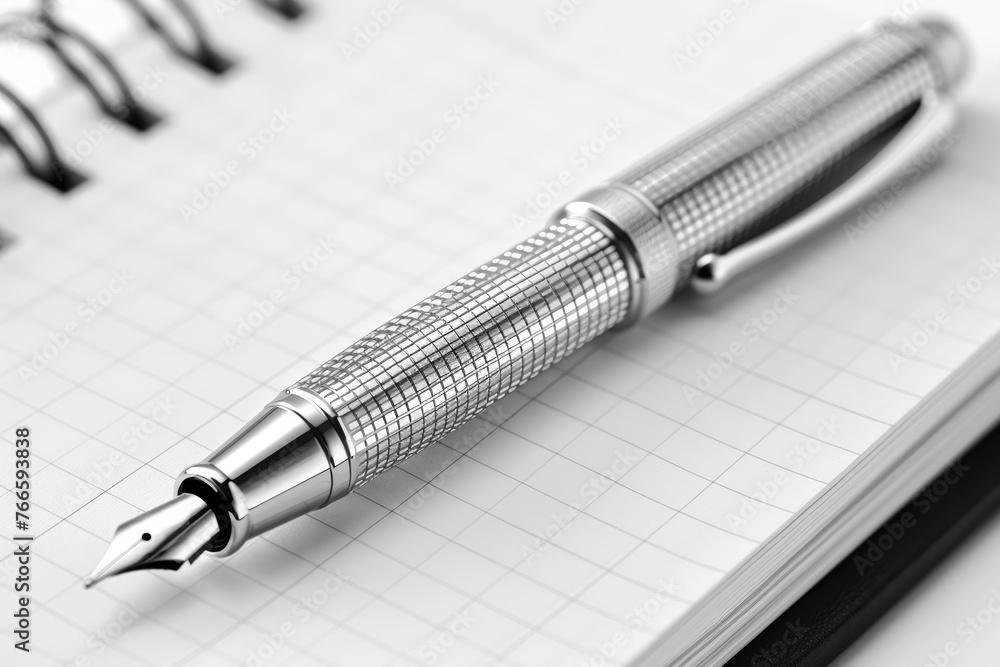 Sleek silver pen with an open notebook isolated on a white background. Concept of writing and creativity. Generative Ai. Sleek silver pen with an open notebook isolated on a white background. Concept of writing and creativity. Generative Ai.