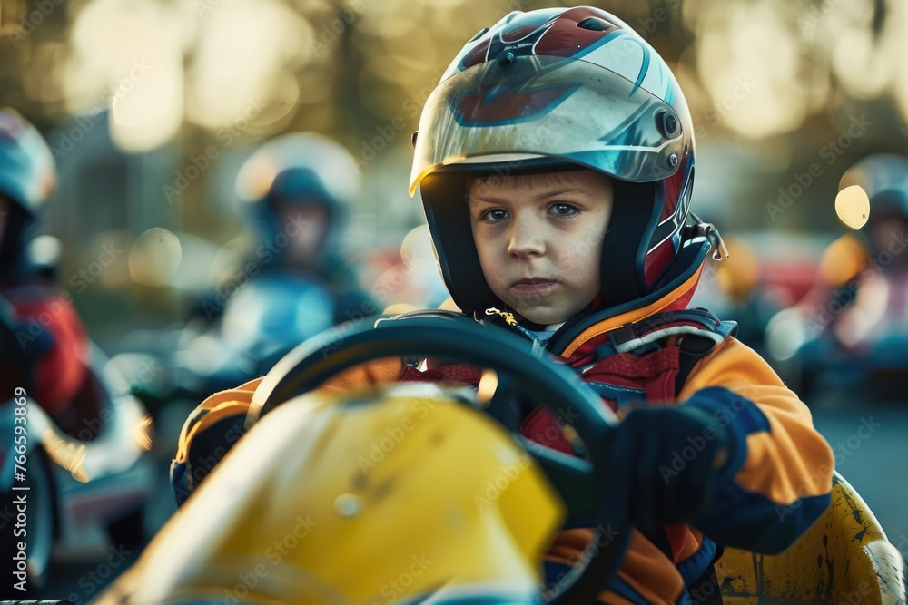 Naklejka premium Young boy in a helmet driving a go kart, suitable for sports and recreational concepts