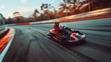 A person riding a go kart on a race track. Suitable for sports and recreational themes