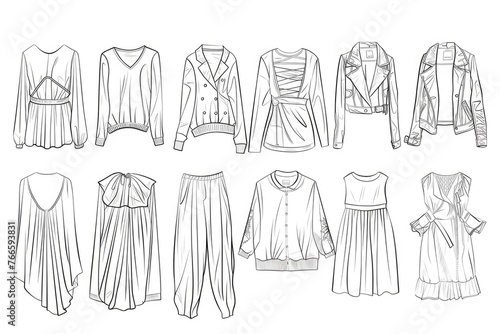 A detailed line drawing of different types of clothing items. Can be used for fashion design projects