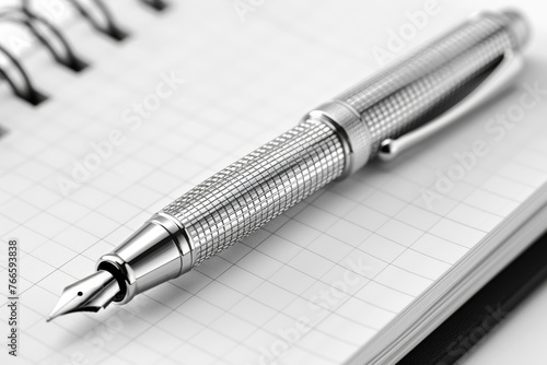 Sleek silver pen with an open notebook isolated on a white background. Concept of writing and creativity. Generative Ai.
