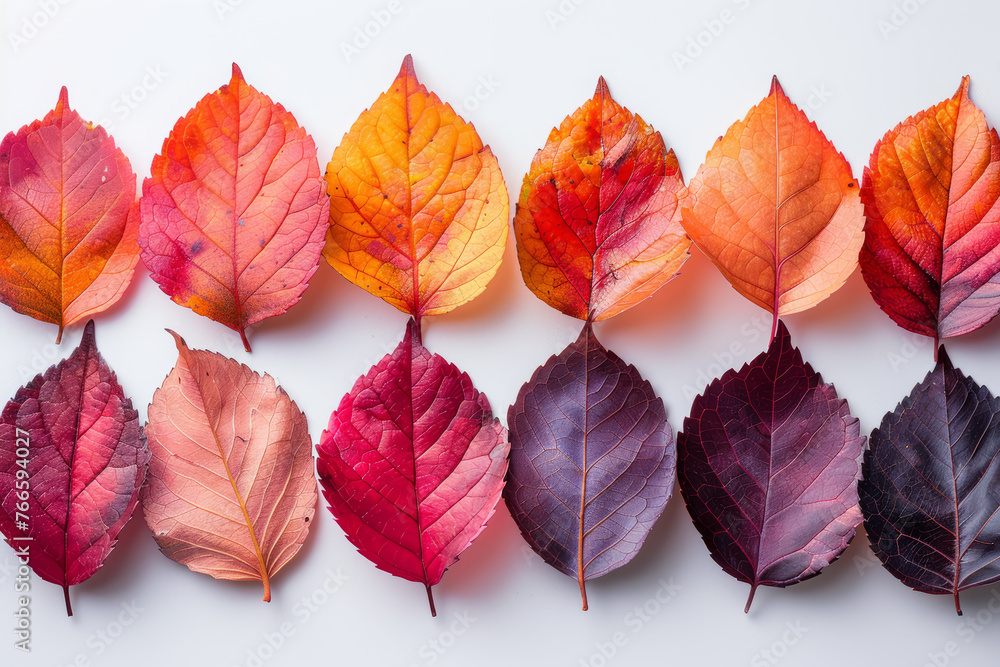 Colorful autumn leaves arranged in a pattern isolated on a white background. Concept of seasonal beauty. Generative Ai.