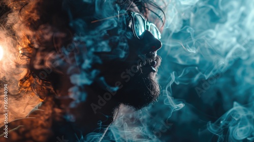 A man with a beard and sunglasses surrounded by smoke. Suitable for fashion or mystery themes
