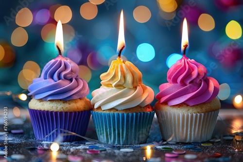 Sweet cupcakes with whipped cream and candles on blurred lights background