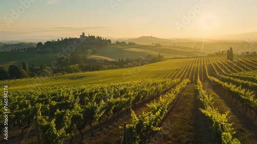 Beautiful sunset scene in a vineyard field, perfect for agricultural or nature concepts