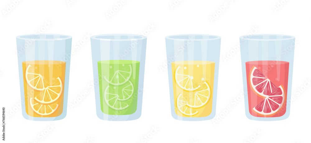 Set of Fresh citrus juice glasses. Orange, lemon, lime and grapefruit vitamin C juices or smoothie. Vector icon illustration isolated on white background. Set of Fresh citrus juice glasses. Orange, lemon, lime and grapefruit vitamin C juices or smoothie. Vector icon illustration isolated on white background.