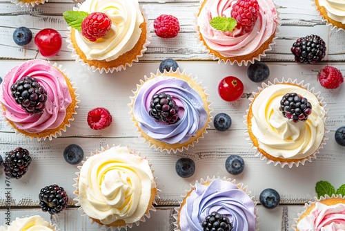 Tasty cupcakes with butter cream and ripe berries on wooden table. Flat lay