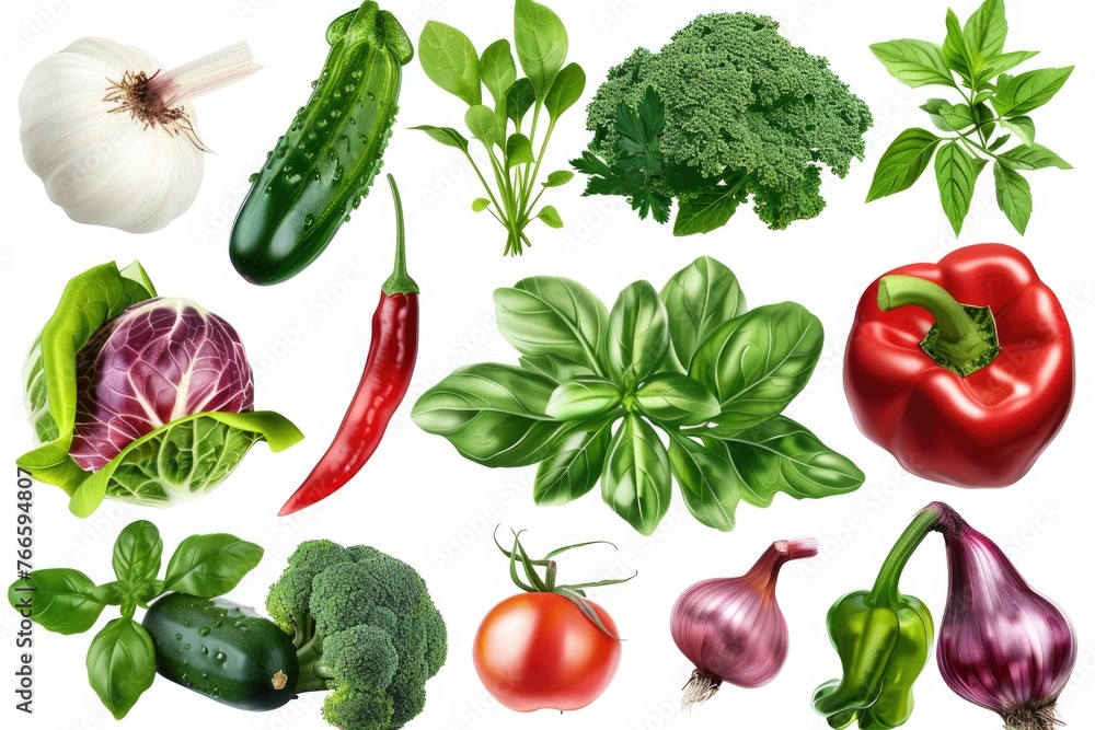 Colorful mix of vegetables and herbs on white background, perfect for culinary designs Colorful mix of vegetables and herbs on white background, perfect for culinary designs