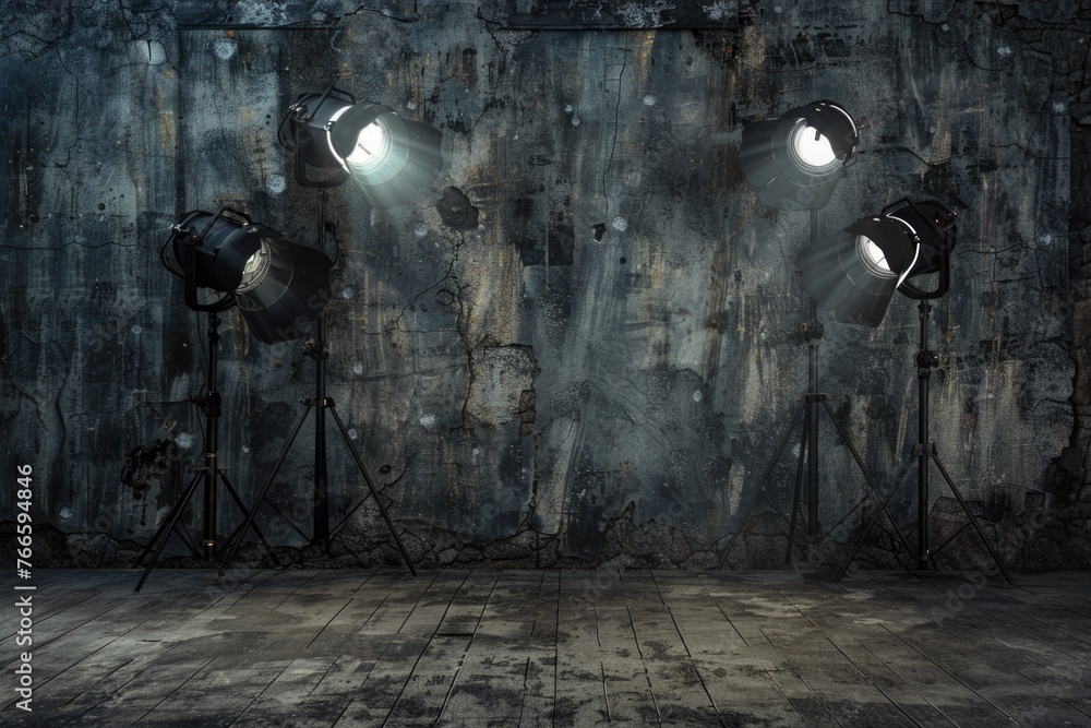 Concrete room with three spotlight lights. Ideal for industrial or minimalist design concepts - obrazy, fototapety, plakaty 