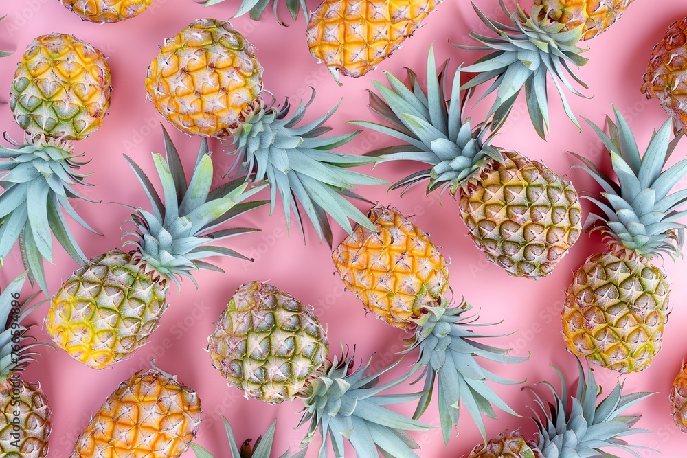 Pattern of ripe pineapples on pink background Pattern of ripe pineapples on pink background