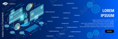 Modern flat design style banner vector template. Virtual bank cards, digital money 3d isometric concept