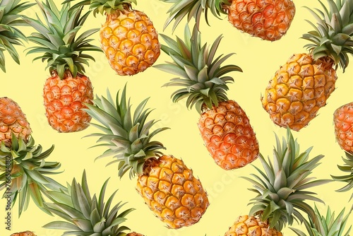 Pattern of ripe pineapples on yellow background