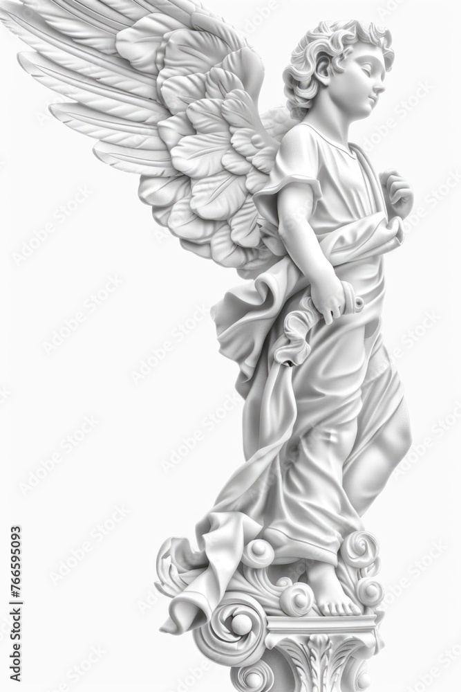 A statue of an angel with wings on a pedestal. Ideal for religious or spiritual concepts A statue of an angel with wings on a pedestal. Ideal for religious or spiritual concepts