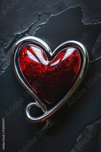 A red heart shaped brooch on a black surface. Ideal for fashion and Valentine's Day concepts photo