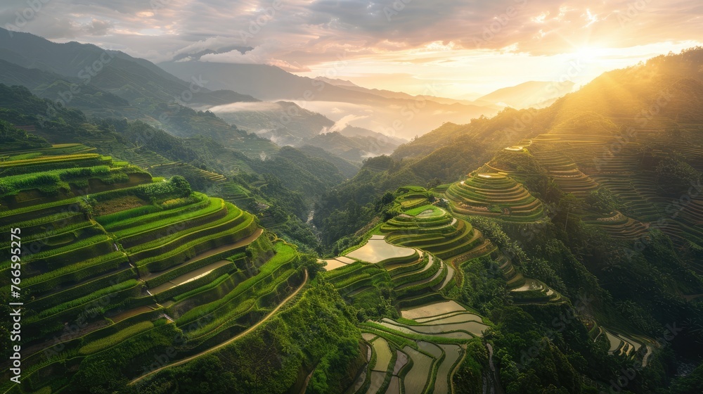 Bird's-eye view of serene Banaue rice terraces at dawn, with tiers bathed in golden morning light