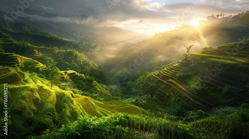 Golden sunrise over Banaue's vibrant rice terraces, reflecting light across the green tiers from above photo