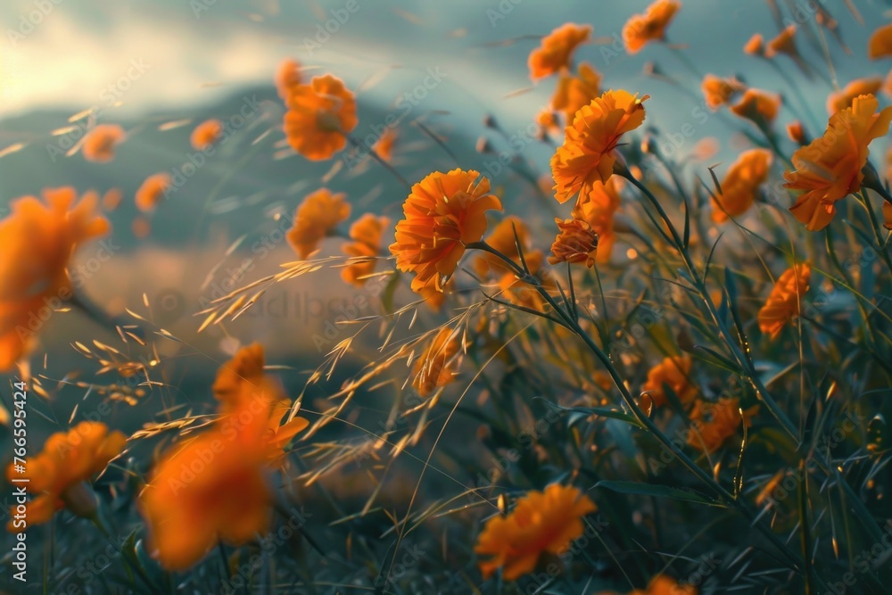 Obraz premium Scenic view of orange flowers field with majestic mountain backdrop. Ideal for nature and landscape concepts