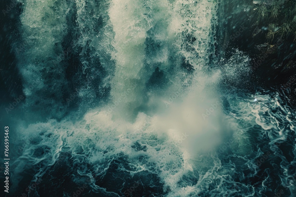 A person on a surfboard at a majestic waterfall. Ideal for adventure and travel concepts