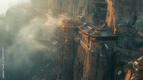 Misty morning reveals Shanxi's cliff-hanging temple, merging architecture with the natural landscape