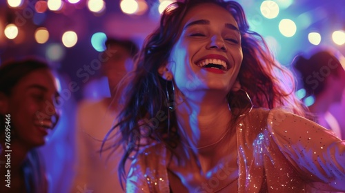 A joyful woman dancing and laughing at a lively party. Perfect for event promotions