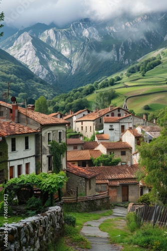 Scenic view of a village with mountains in the background. Suitable for travel brochures