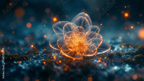 A mystical digital creation of a luminous fractal lotus on a bed of glowing particles, illustrating the intersection of nature and technology © Zhanna