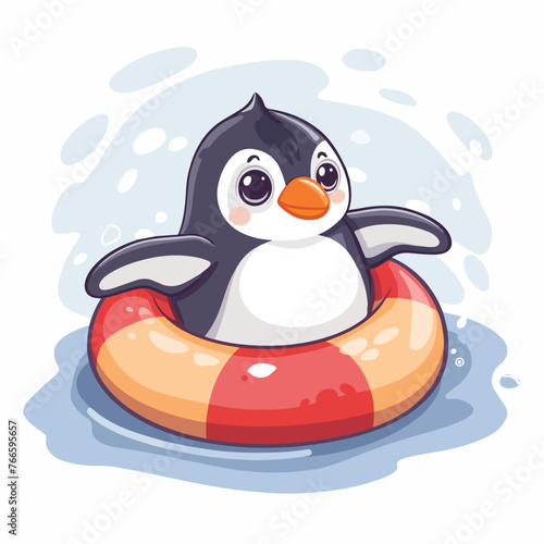 A CUTE BABY PENGUIN IS RELAXING ON A SWIMMING RUBBE