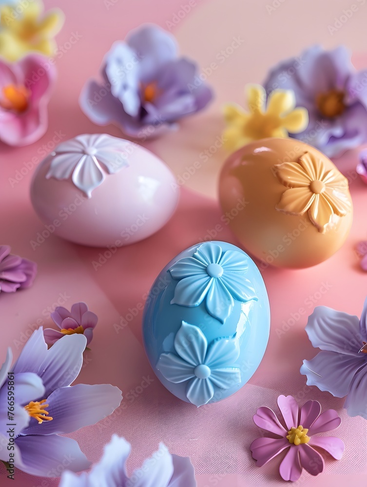 3 bright ceramic multicolored eggs with flowers