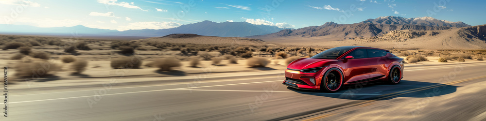 Sports car driving at high speed on a highway or city road. Modern design. Futuristic design. Concept car. Copy space. Place for text. Poster, invitation, flyer, banner, header. Generative AI content