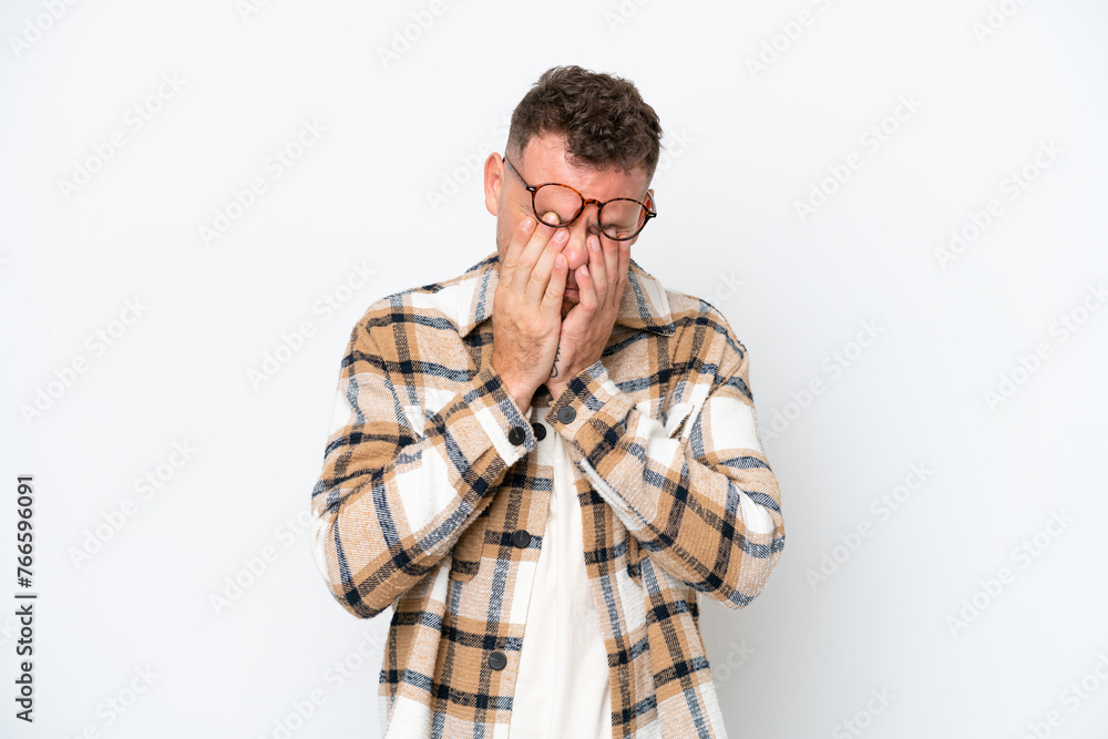 Young caucasian handsome man isolated on white background with tired and sick expression Young caucasian handsome man isolated on white background with tired and sick expression