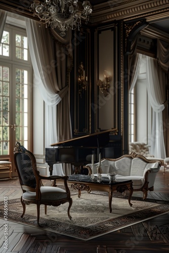 A room filled with furniture and a grand piano. Perfect for interior design projects