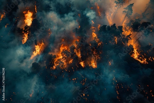 Aerial view of illegal forest clearing through fire depicting environmental destruction and ecological issues. Concept Forest Fires, Environmental Destruction, Illegal Activities, Aerial Photography