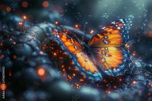 Butterfly emerging from a pixelated cocoon, symbolizing the transformation of digital ideas into creative ventures. Concept of pixel metamorphosis. Generative Ai. © Sebastian