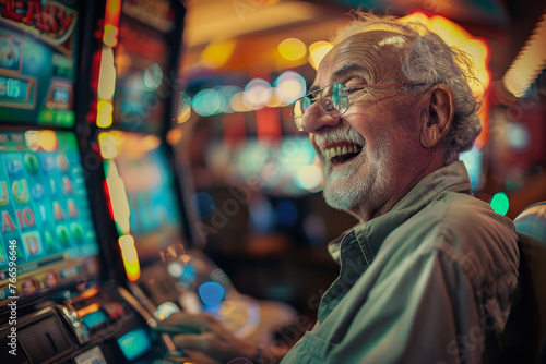 A detailed view of a smiling elderly man at a casino, his face full of hope and excitement as he plays at the slot machines. © mila103