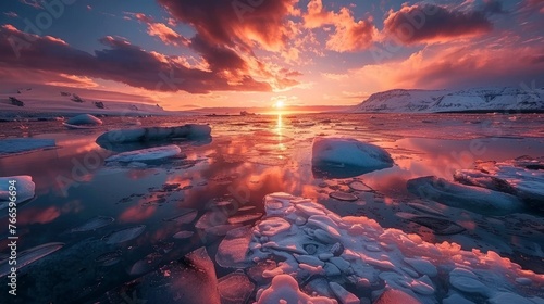 A glacier lagoon in Iceland during the sunset.