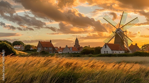 A windmill at Cley Next the Sea, with Blakeney church in the background at sunset.