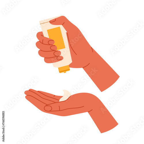 Hands squeezing spf cream from a tube. Sunscreen, sunblock product. Skin care and sun protection concept. Isolated vector illustration in cartoon style