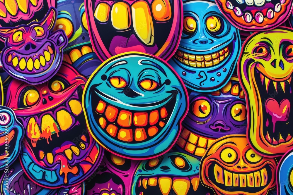 Fototapeta premium Colorful cartoon faces painted on a wall. Great for children's room decor