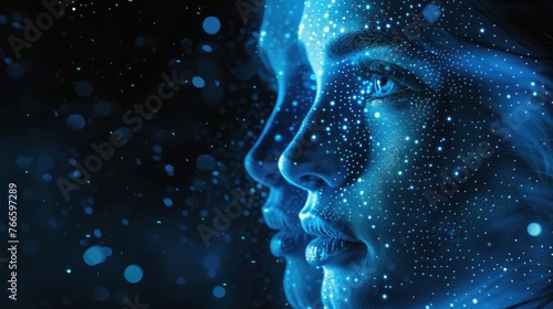 Close-up of a woman's face with glowing dots. Perfect for beauty or futuristic concepts