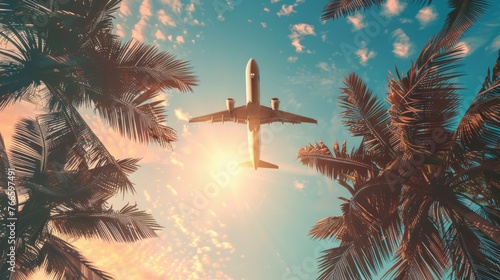 A scenic view of a plane flying through the air between palm trees. Perfect for travel and vacation concepts © Fotograf