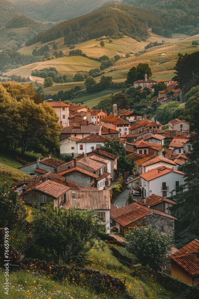 A picturesque small town nestled in a valley. Ideal for travel brochures A picturesque small town nestled in a valley. Ideal for travel brochures