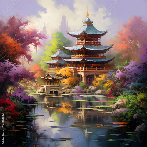 Harmonious Depiction of an Asian Temple in a Blossoming Garden: A Vivid Ensemble of Traditional Asian Art
