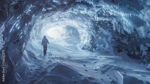 A person standing in a cave with snow on the ground. Suitable for winter adventure themes © Fotograf
