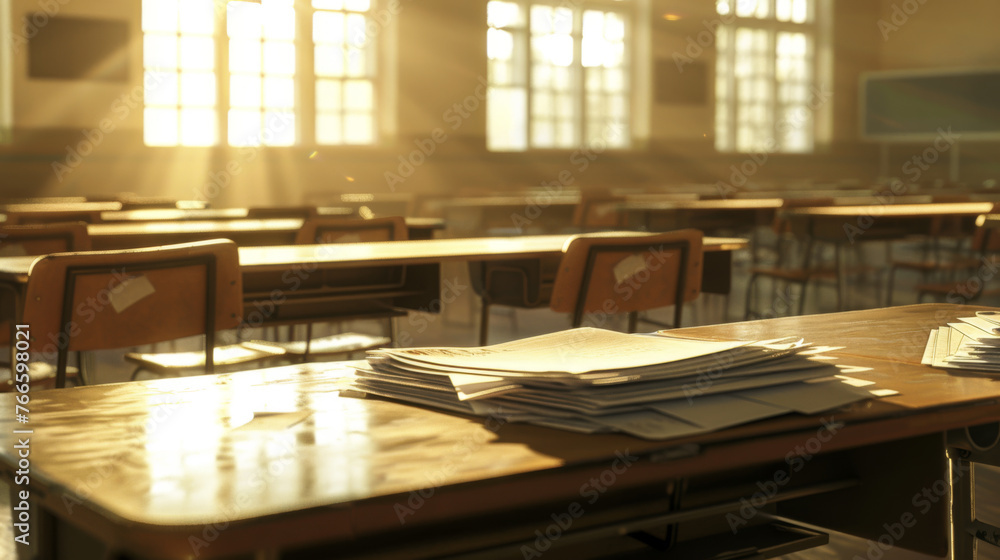 Stacks of papers rest on the polished surface of a desk in a sunlit, serene classroom.