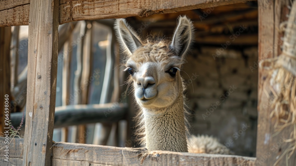 Fototapeta premium Close up of a llama peering through a fence. Suitable for animal and farm themes